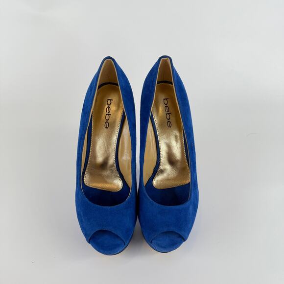 Bebe Blue Suede Platform Heels Size 7 Peep Toe Sculpted Wedge Lucite Heel - Picture 1 of 5